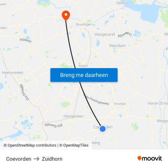 Coevorden to Zuidhorn map