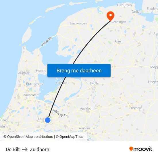 De Bilt to Zuidhorn map