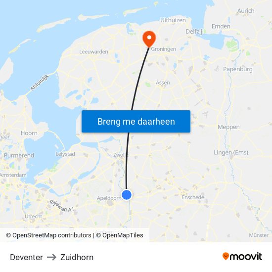 Deventer to Zuidhorn map