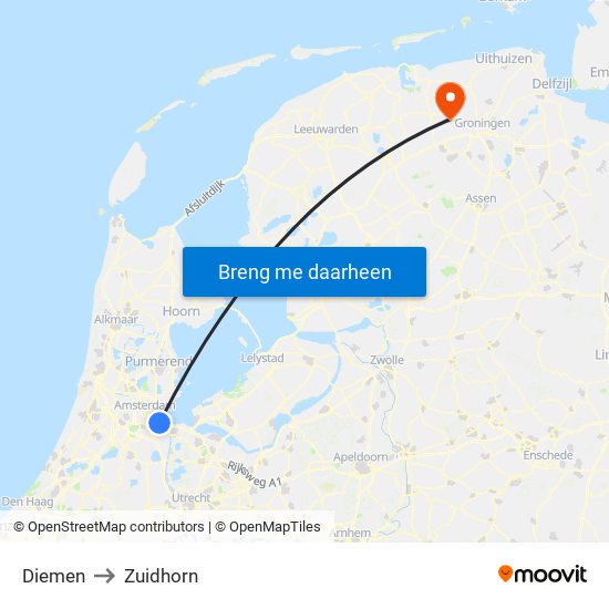 Diemen to Zuidhorn map