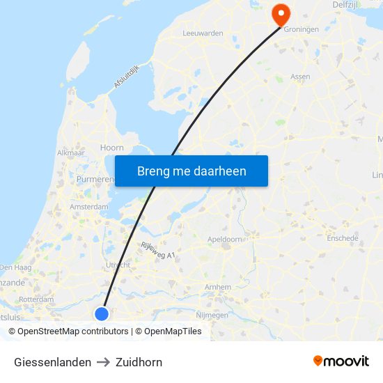 Giessenlanden to Zuidhorn map