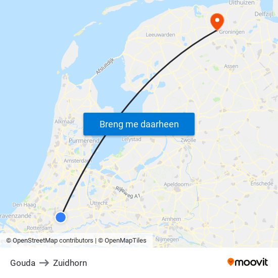 Gouda to Zuidhorn map