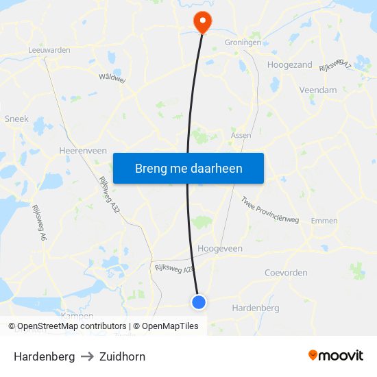 Hardenberg to Zuidhorn map