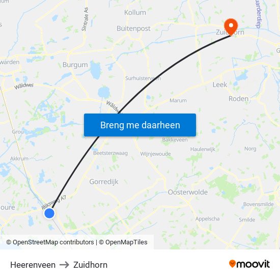 Heerenveen to Zuidhorn map