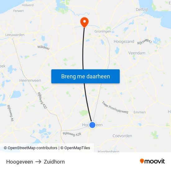 Hoogeveen to Zuidhorn map