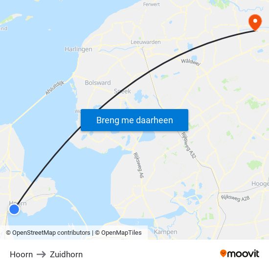 Hoorn to Zuidhorn map