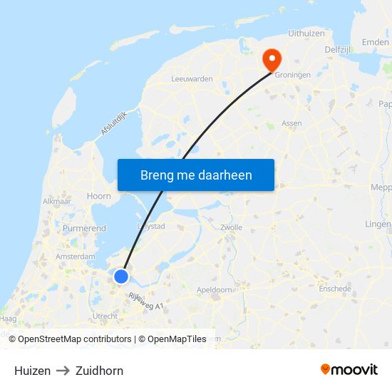 Huizen to Zuidhorn map