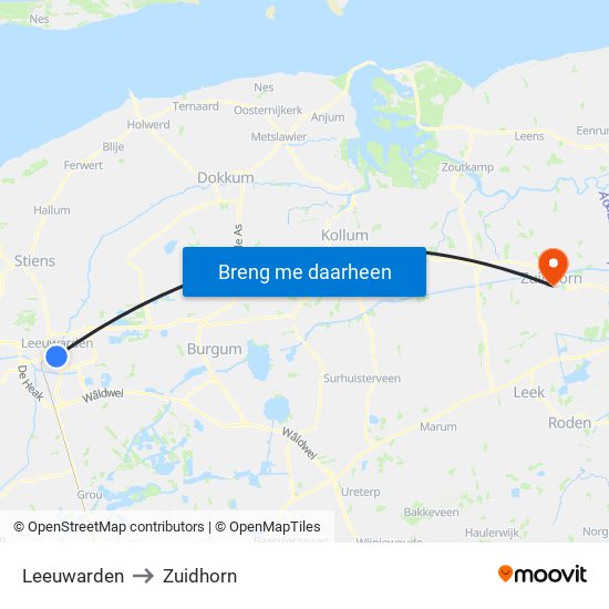 Leeuwarden to Zuidhorn map