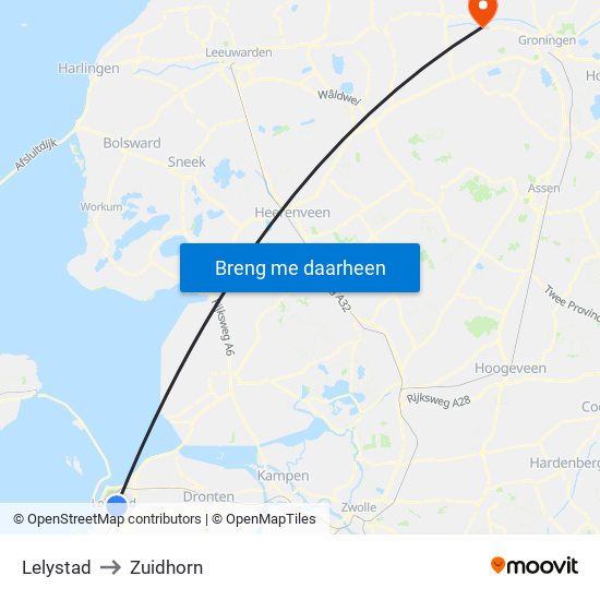 Lelystad to Zuidhorn map