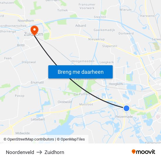 Noordenveld to Zuidhorn map