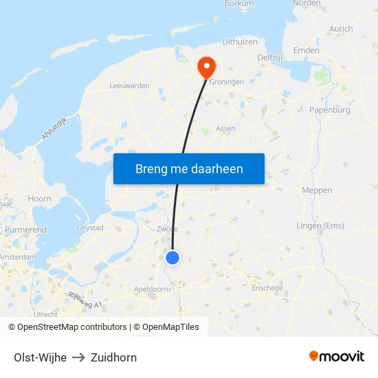 Olst-Wijhe to Zuidhorn map