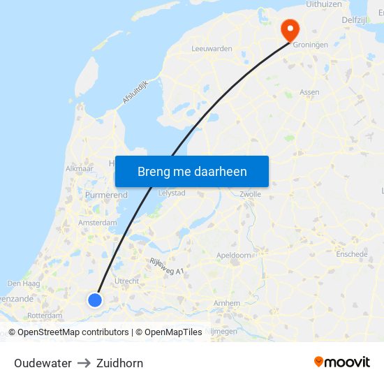 Oudewater to Zuidhorn map