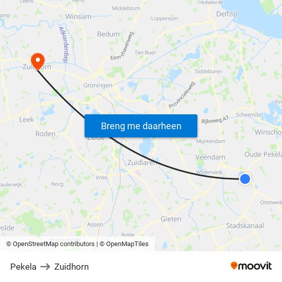 Pekela to Zuidhorn map