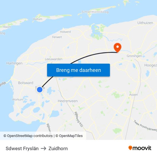 Sdwest Fryslân to Zuidhorn map
