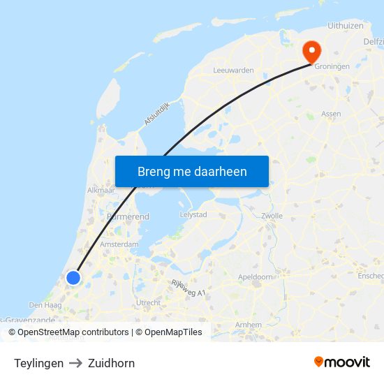 Teylingen to Zuidhorn map