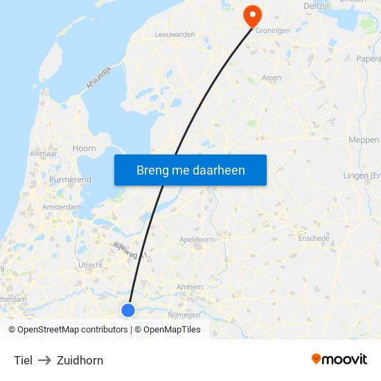 Tiel to Zuidhorn map