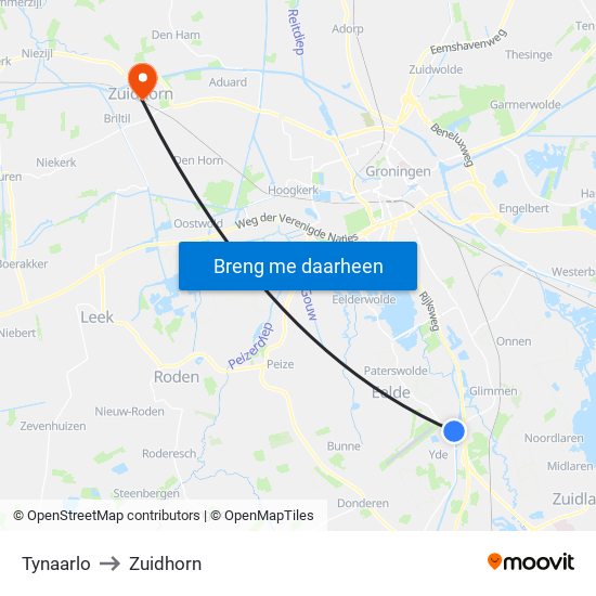 Tynaarlo to Zuidhorn map