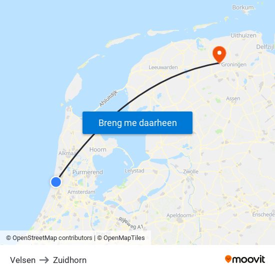 Velsen to Zuidhorn map