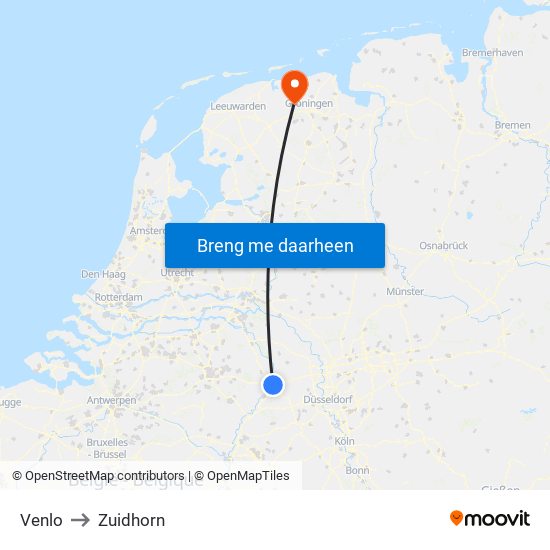 Venlo to Zuidhorn map