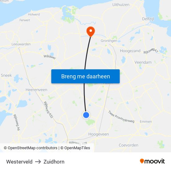 Westerveld to Zuidhorn map