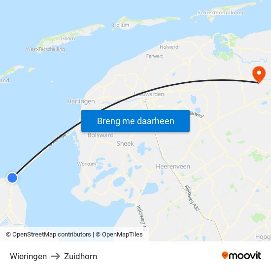 Wieringen to Zuidhorn map
