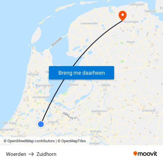 Woerden to Zuidhorn map