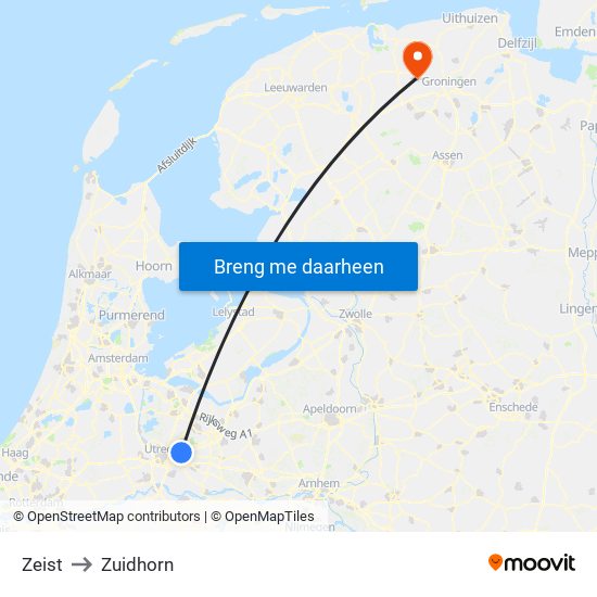 Zeist to Zuidhorn map