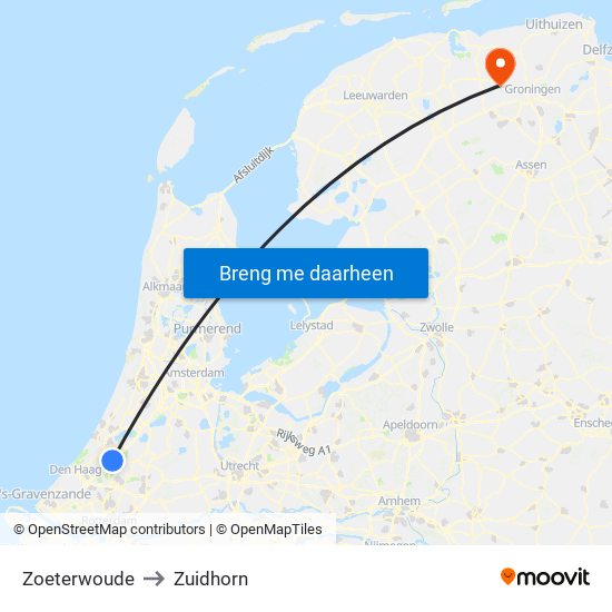 Zoeterwoude to Zuidhorn map