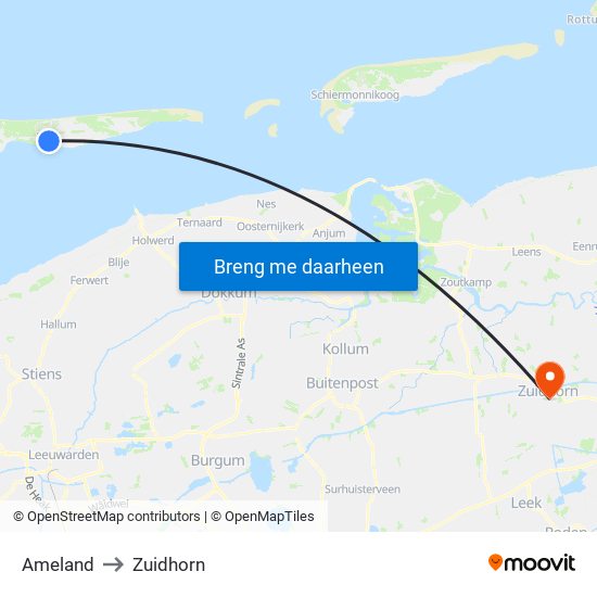 Ameland to Zuidhorn map