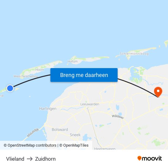 Vlieland to Zuidhorn map