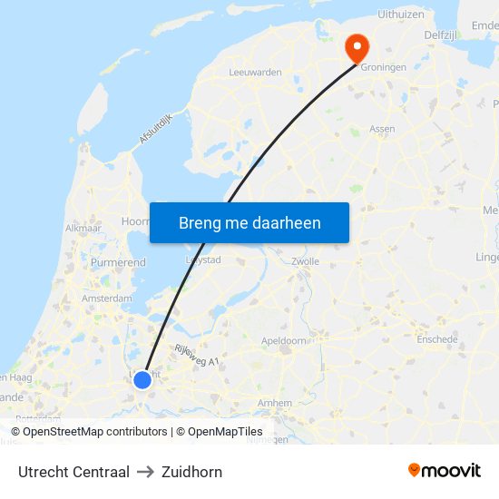 Utrecht Centraal to Zuidhorn map