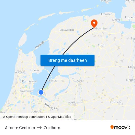 Almere Centrum to Zuidhorn map