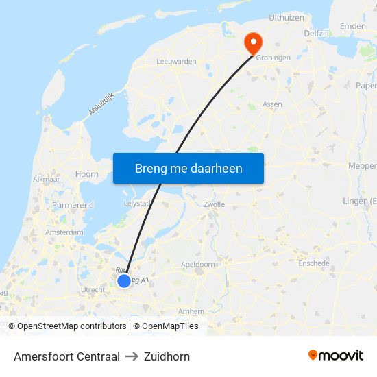 Amersfoort Centraal to Zuidhorn map