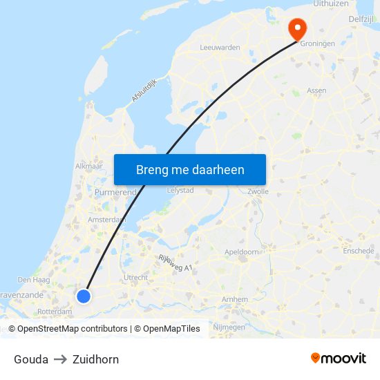 Gouda to Zuidhorn map