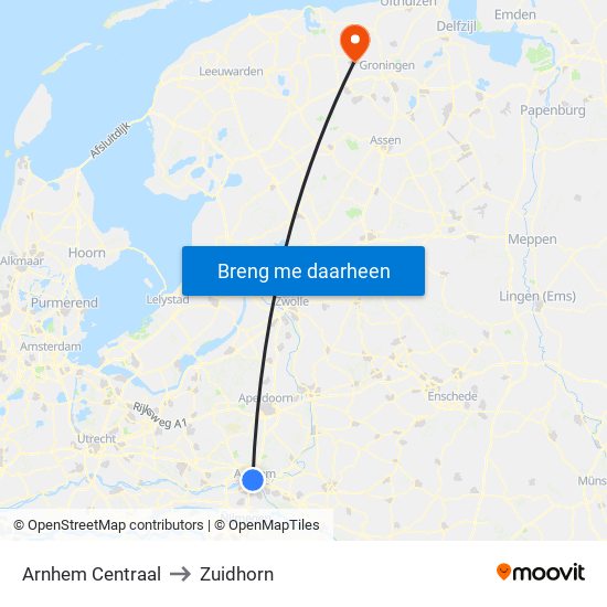 Arnhem Centraal to Zuidhorn map