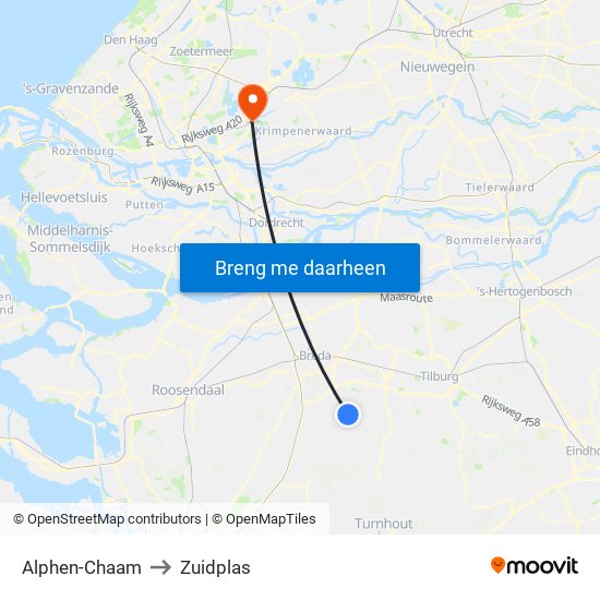 Alphen-Chaam to Zuidplas map