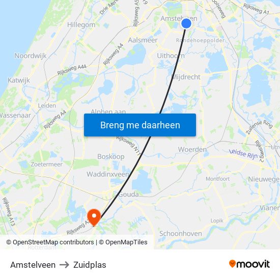 Amstelveen to Zuidplas map