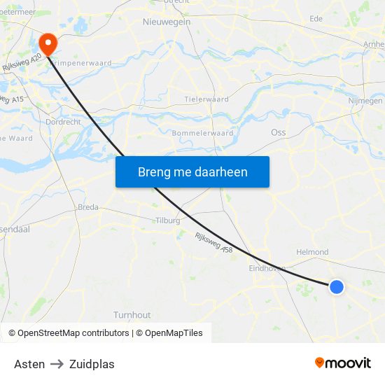 Asten to Zuidplas map