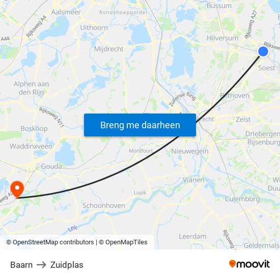 Baarn to Zuidplas map