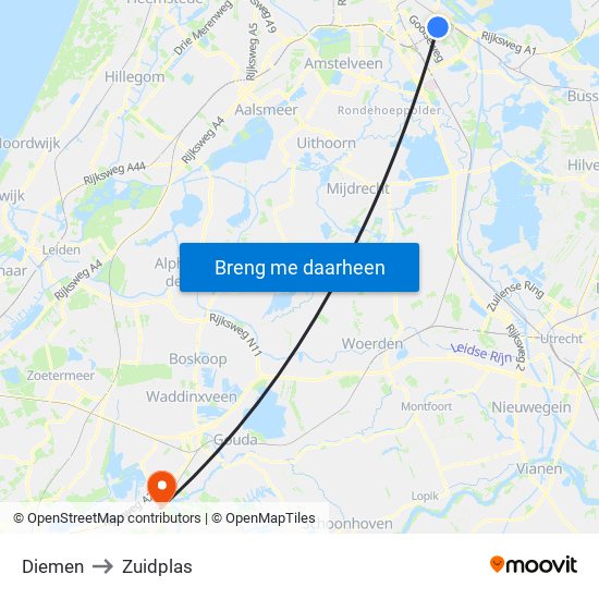 Diemen to Zuidplas map