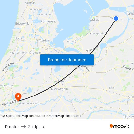 Dronten to Zuidplas map