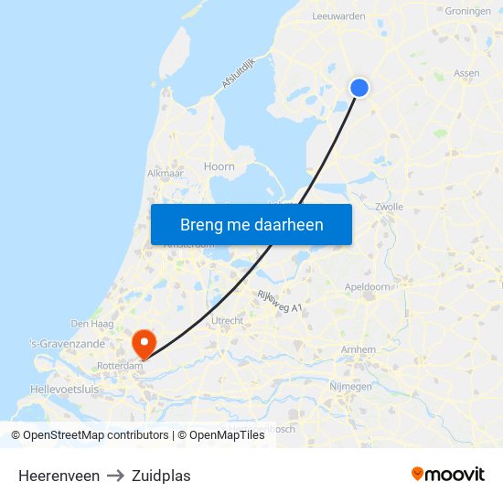 Heerenveen to Zuidplas map