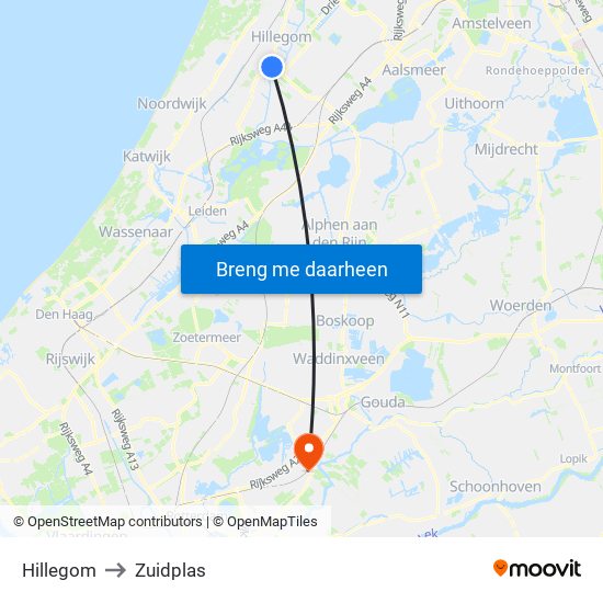 Hillegom to Zuidplas map