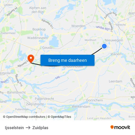 Ijsselstein to Zuidplas map