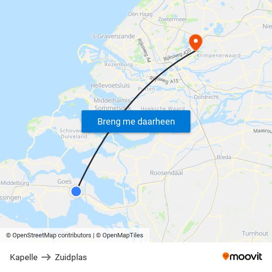 Kapelle to Zuidplas map