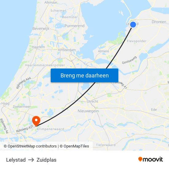 Lelystad to Zuidplas map