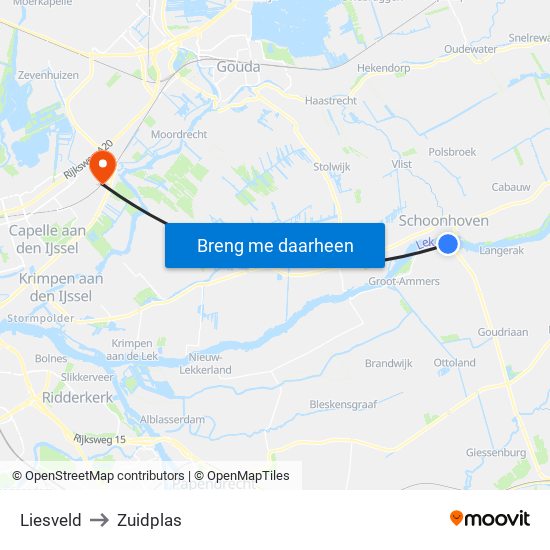 Liesveld to Zuidplas map