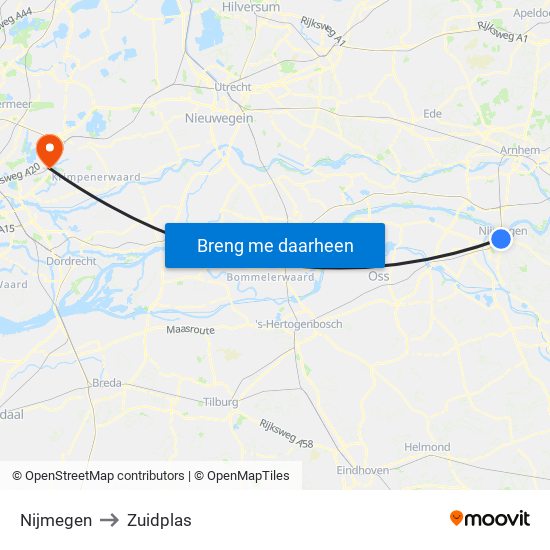 Nijmegen to Zuidplas map