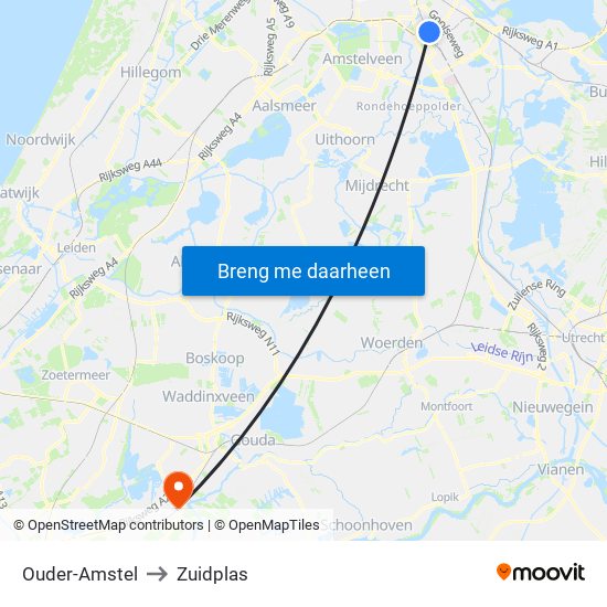 Ouder-Amstel to Zuidplas map