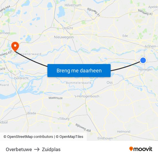 Overbetuwe to Zuidplas map